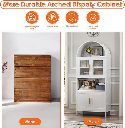 72.8" H Metal Pantry Cabinet with 4 Doors and 2 Adjustable Shelves, White Arched Kitchen Pantry Cabinet with Open Shelf for Kitchen, Dining Room, Assembly Required