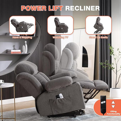 MAHOMICO Power Lift Recliner Chair for Elderly with Vibration Massage and Lumbar Heating, Electric Lift Recliner Single Sofa with Side Pocket, Two Cup Holders and USB Charge Port for Living Room
