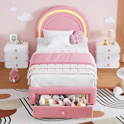 GarveeHome Twin Upholstered LED Bed Frame - with Storage Drawer and Rainbow Headboard, Berber Fleece Princess Platform Bed for Kids, Solid Wood Slats Support, No Box Spring Needed, Easy Assembly, Pink