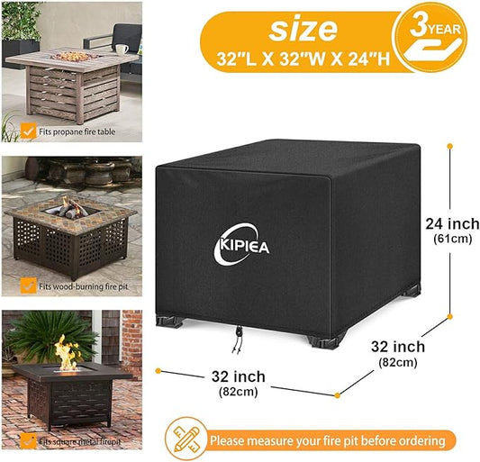 Kipiea Square Fire Pit Cover, Upgraded 600D Strong Tear Resistant, 32" L x 32" W x 24" H 100% Waterproof Fire Pit Table Cover, UPF 50+ Outdoor Firepit Cover Square Fading Resistant
