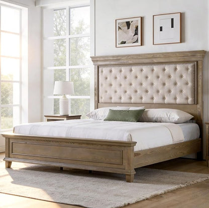 AMERLIFE King Size Solid Wood Bed Frame, Greige | Upholstered, Platform Bed