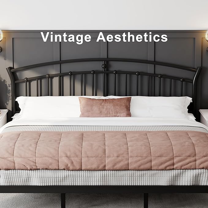Feonase King Size Bed Frame with Headboard, Heavy-Duty Metal Black Bed Frame with 13 Hardened Steel Slats, 12" Under-Beds Storage, Noise-Free, Easy Assembly