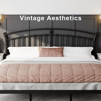 Feonase King Size Bed Frame with Headboard, Heavy-Duty Metal Black Bed Frame with 13 Hardened Steel Slats, 12" Under-Beds Storage, Noise-Free, Easy Assembly