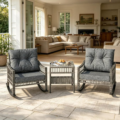 Patio Furniture Set, 3-Piece Wicker Rocking Chair & Coffee Table, Outdoor Conversation Set for Backyard, Small Patio, Porch