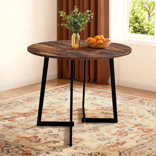 VINGLI Round Dining Table for 2-4, 35in Modern Dining Room Table with Cross Leg, Rustic Brown Wooden Kitchen Table, Space-Saving, Small Space Circle Dinette for Home, Kitchen, Apartment
