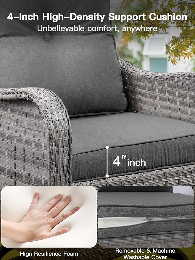 10-Piece Outdoor Conversation Set with 43" Fire Pit Table, 6 Swivel Rocking Chairs (4" Cushions) & 3 Side Tables, All-Weather PE Rattan & Steel Frame for Porch, Backyard, Charcoal Gray