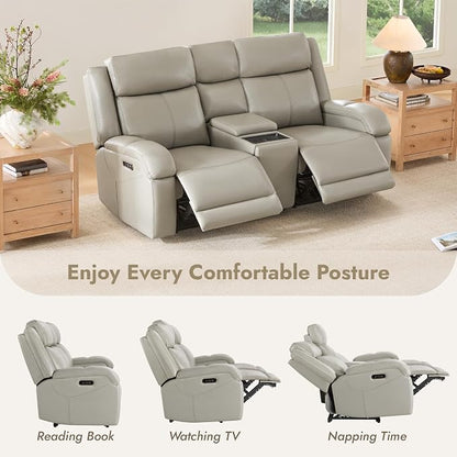 Watson & Whitely Genuine Leather Power Loveseat Recliner Sofa, Wall Hugger Loveseat Reclining Sofa with Storage Console, Power Headrest, Cup Holders, Dual Recliners for Living Room, RV, Grey