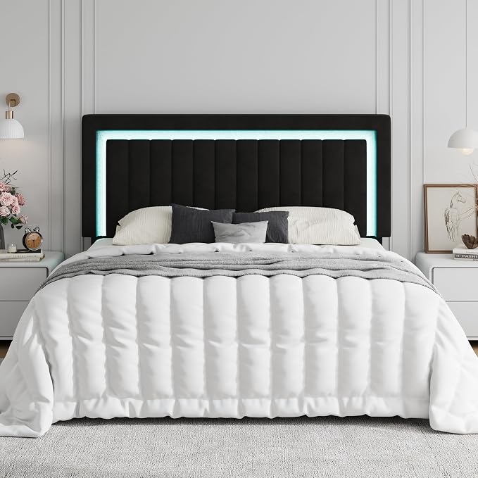 SHA CERLIN King Size Velvet Bed Frame with LED Light, Adjustable Vertical Channel Tufted Headboard, Strong Wooden Slats Support, Noise-Free, No Box Spring Needed, Black