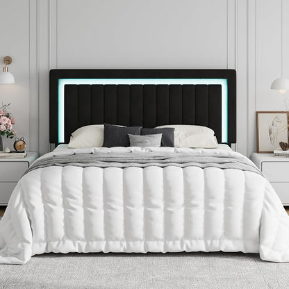 SHA CERLIN King Size Velvet Bed Frame with LED Light, Adjustable Vertical Channel Tufted Headboard, Strong Wooden Slats Support, Noise-Free, No Box Spring Needed, Black