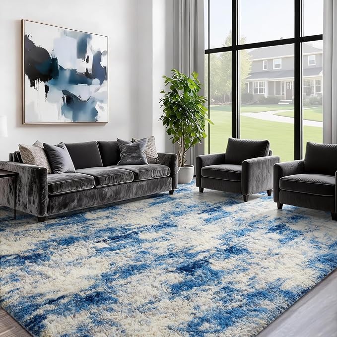Ophanie 8x10 Blue and Gray Area Rugs for Living Room,Large Navy Grey White Fluffy Shag Fuzzy Plush Soft Carpets,Floor Shaggy Rugs for Bedroom,Carpet for Kids Dorm Decor with Over 99 pcs Pile fibers