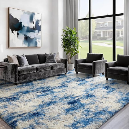 Ophanie 8x10 Blue and Gray Area Rugs for Living Room,Large Navy Grey White Fluffy Shag Fuzzy Plush Soft Carpets,Floor Shaggy Rugs for Bedroom,Carpet for Kids Dorm Decor with Over 99 pcs Pile fibers