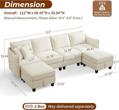 WorthFurni 112" Modular Sectional Sofa U Shape Couches with Storage Ottoman and Washable Cushion Cover for Living Room, Bedroom, Apartment(Beige)