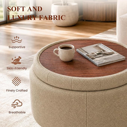25Inch Round Ottoman with Storage, Tufted Fabric Modern Circle Ottoman with Reversible Tray Lid and Wood Legs, Multi-Functional Small Coffee Table for Living Room, Bedroom, Coffee