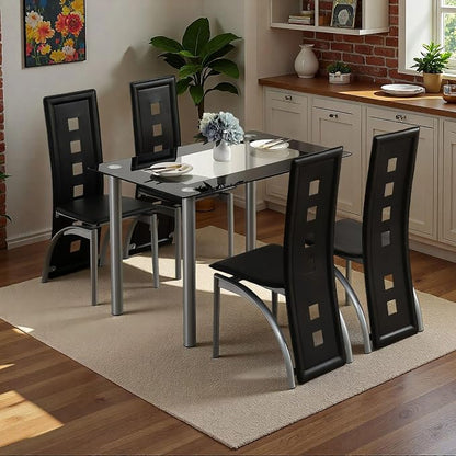 Karl home Dining Chairs Set of 4, PU Leather & Hollow High Back, Black | Black kitchen chairs with padded seats & foot cap protection for dining kitchen living room,300lbs capacity,space-saving