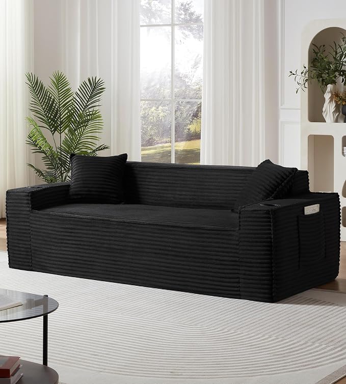 80.7" Boneless Sofa Couches with Cup Holder,3 Seat Couch with Side Pocket, Cloud Couch for Compact Living Rooms, Apartments (Black)