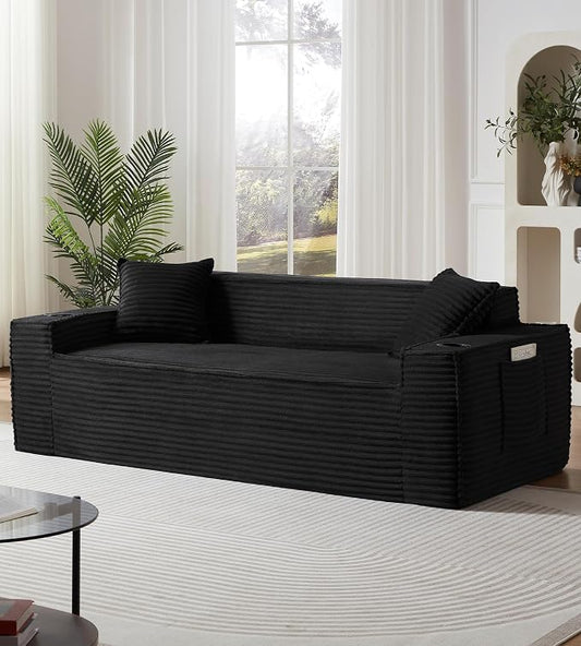 80.7" Boneless Sofa Couches with Cup Holder,3 Seat Couch with Side Pocket, Cloud Couch for Compact Living Rooms, Apartments (Black)