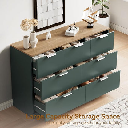 3 Pieces of Dresser and Nightstand Set,47.2" Width 7-Drawer Dresser & 3-Drawer Nightstands Set of 2 w/Gold Metal Handle, Modern Design for Bedroom,Green & Brown