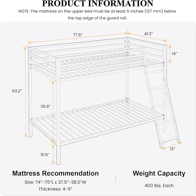 SHA CERLIN Loft Bunk Bed Twin Over Twin Size with Ladder and Guardrail,Heavy Duty Metal Slats Support No Box Spring Needed Small Space Saving Furniture for Bedroom Dorm,Black
