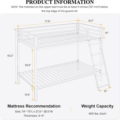 SHA CERLIN Loft Bunk Bed Twin Over Twin Size with Ladder and Guardrail,Heavy Duty Metal Slats Support No Box Spring Needed Small Space Saving Furniture for Bedroom Dorm,Black