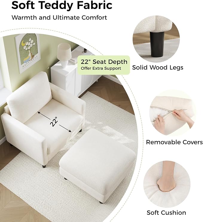 Welzona Sofa Accent Chair with Ottoman, 33" Reading Chair and Ottoman Set for Bedroom, Tool-Free Setup Living Room Accent Chairs, Comfy Arm Chairs Living Room, All-Wood Reading Nook, Beige