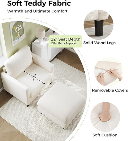 Welzona Sofa Accent Chair with Ottoman, 33" Reading Chair and Ottoman Set for Bedroom, Tool-Free Setup Living Room Accent Chairs, Comfy Arm Chairs Living Room, All-Wood Reading Nook, Beige