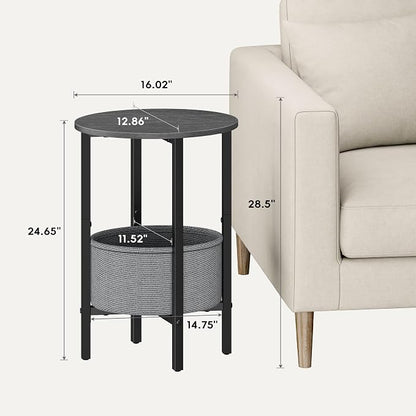 Vagusicc Round Side Table End Table with Storage Basket, Small Side Table Round Nightstand for Small Spaces, Tall Oval End Table with Steel Frame, Coffee Bedside Table for Living Room, Gray Walnut
