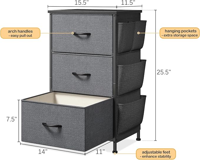 Night Stand Set 2, Nightstand with Drawers for Bedroom, Bedside Table with Wooden Top, Sturdy Steel Frame End Table, Dorm Nightstand for Bedroom, Entryway, Hallway, Closet, Cloth Bags, Hooks, Grey
