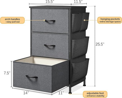 Night Stand Set 2, Nightstand with Drawers for Bedroom, Bedside Table with Wooden Top, Sturdy Steel Frame End Table, Dorm Nightstand for Bedroom, Entryway, Hallway, Closet, Cloth Bags, Hooks, Grey