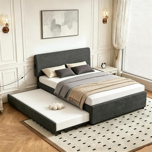 Full Size Upholstered Platform Bed with Pull-Out Trundle Bed | Twin Size Trundle, LED Lighting Controlled by APP, USB+Type-C Charging Ports, Linen Upholstered Bed Frame,Dark Grey