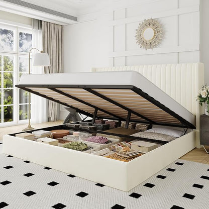 Allewie King Size Lift Up Storage Bed Frame, Hydraulic Support System, Upholstered Platform Bed Frame, Underneath Storage, Vertical Channel Tufted Headboard with Wingback, No Box Spring Needed, Cream