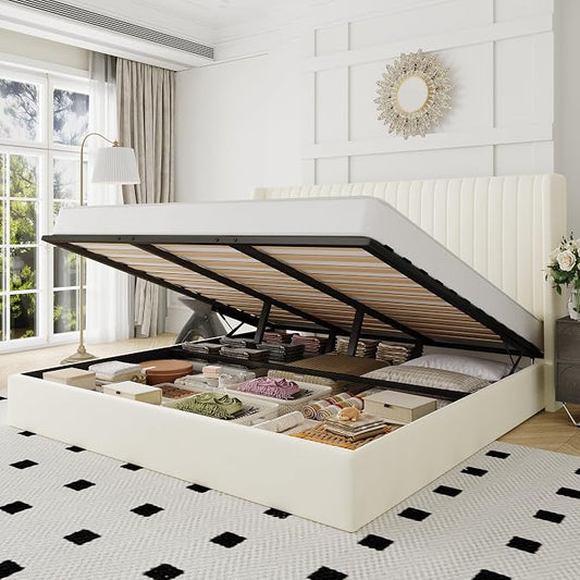 Allewie King Size Lift Up Storage Bed Frame, Hydraulic Support System, Upholstered Platform Bed Frame, Underneath Storage, Vertical Channel Tufted Headboard with Wingback, No Box Spring Needed, Cream