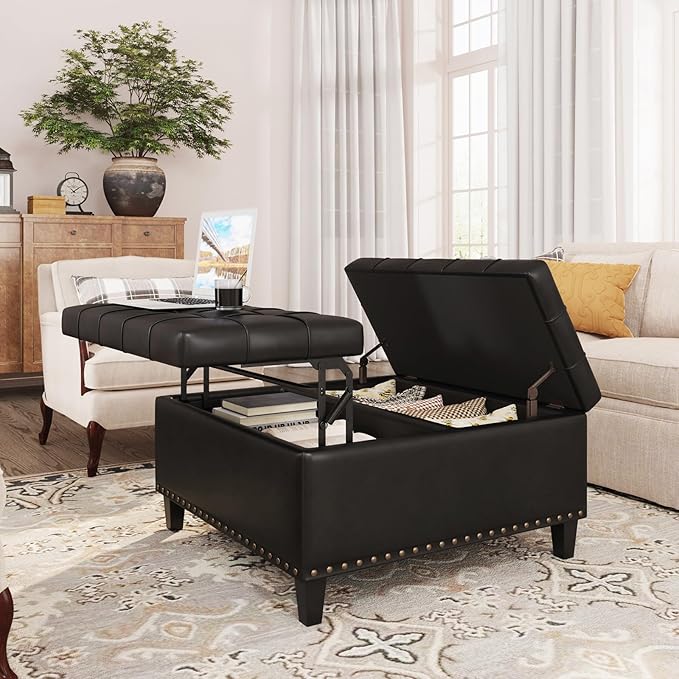 FiveWillowise Square Leather Ottoman with Storage, Faux Leather Coffee Table with Lift Top,Large Upholstered Footrest Stool Toy Box Storage Bench for Bedroom Living Room, Black