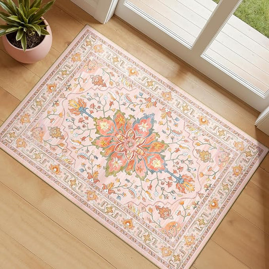 RELEANY Area Rugs Small 2'x4' Washable Non-Slip, Floral Vintage Distress Medallion Carpet for Kitchen Entryway Bathroom, Light Pink Colorful