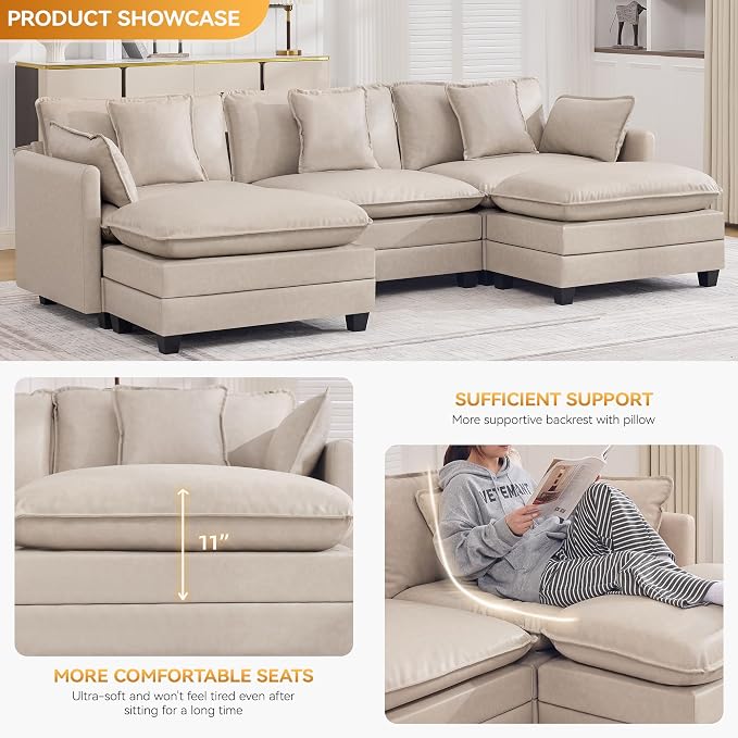 111'' Sectional Cloud Deep Seat Couch, Oversized Leather U Shaped Sectional Sofa for Living Room Set, Comfy Upholstered Modular 5-Seats Sectional Sofa Couch with 2 Movable Ottoman, Leather Beige