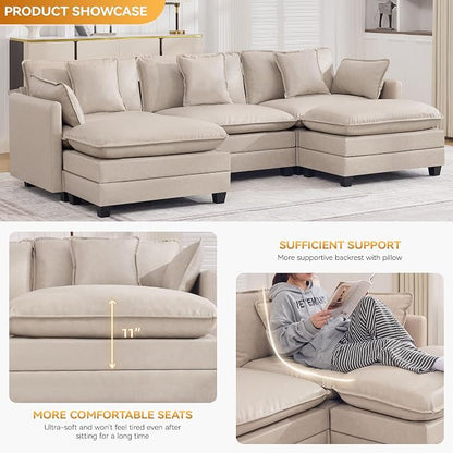 111'' Sectional Cloud Deep Seat Couch, Oversized Leather U Shaped Sectional Sofa for Living Room Set, Comfy Upholstered Modular 5-Seats Sectional Sofa Couch with 2 Movable Ottoman, Leather Beige