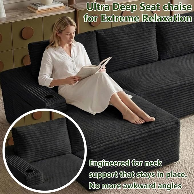 104.3" Modular Sectional Sofa,Modern Corduroy Cloud Couch with Cup Holder & Side Pockets,Boneless Couch Upholstered 3-Seater L-Shaped Sofa for Living Room,No Assembly (Black, Left-Facing Chaise) | with Cup Holder