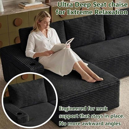 104.3" Modular Sectional Sofa,Modern Corduroy Cloud Couch with Cup Holder & Side Pockets,Boneless Couch Upholstered 3-Seater L-Shaped Sofa for Living Room,No Assembly (Black, Left-Facing Chaise) | with Cup Holder