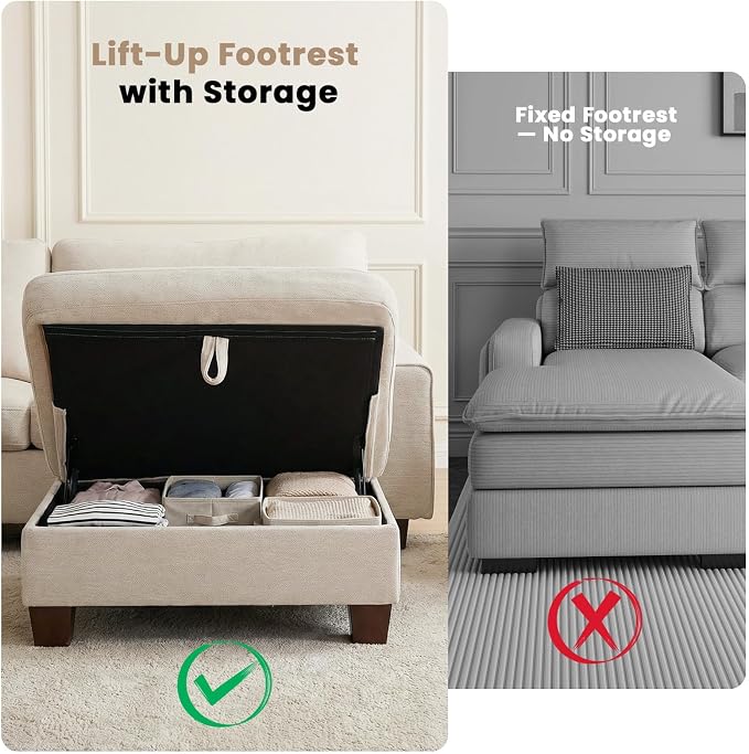 DOPEDIO L-Shaped Sectional Sofa with Storage Ottoman, Modern Chenille Recliner Loveseat, Removable Couch Covers, Pocket Spring Cushions, Solid Wood Frame, Easy to Install (88.58inch, Beige)