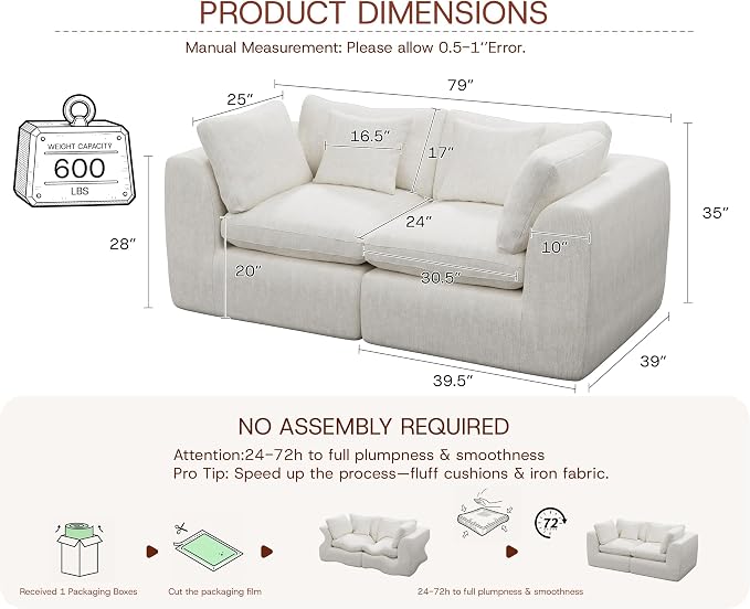GRUSIGN 79'' Oversized Boneless Cloud Loveseat for Living Room, Modern Big Sectional Compressed 2 Seater Couch with 2 Throw Pillows, Comfy Chenille Deep Seat Foam Spineless 2 Person Couch, Beige