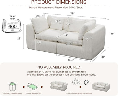 GRUSIGN 79'' Oversized Boneless Cloud Loveseat for Living Room, Modern Big Sectional Compressed 2 Seater Couch with 2 Throw Pillows, Comfy Chenille Deep Seat Foam Spineless 2 Person Couch, Beige