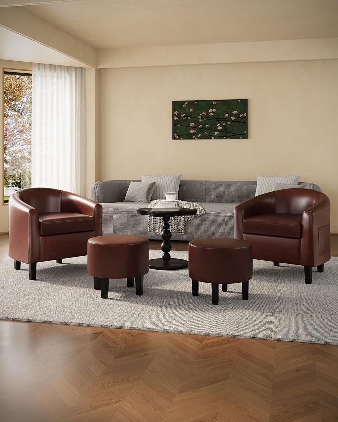 GarveeHome Accent Chair with Ottoman, Faux Leather Barrel Chair, Corner Chair with Stool, Mid-Century Upholstered Living Room Chairs, Brown