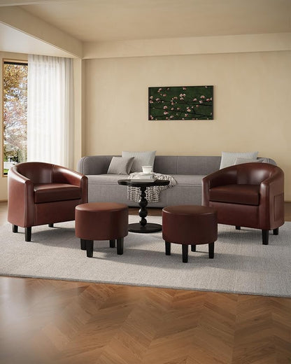 GarveeHome Accent Chair with Ottoman, Faux Leather Barrel Chair, Corner Chair with Stool, Mid-Century Upholstered Living Room Chairs, Brown