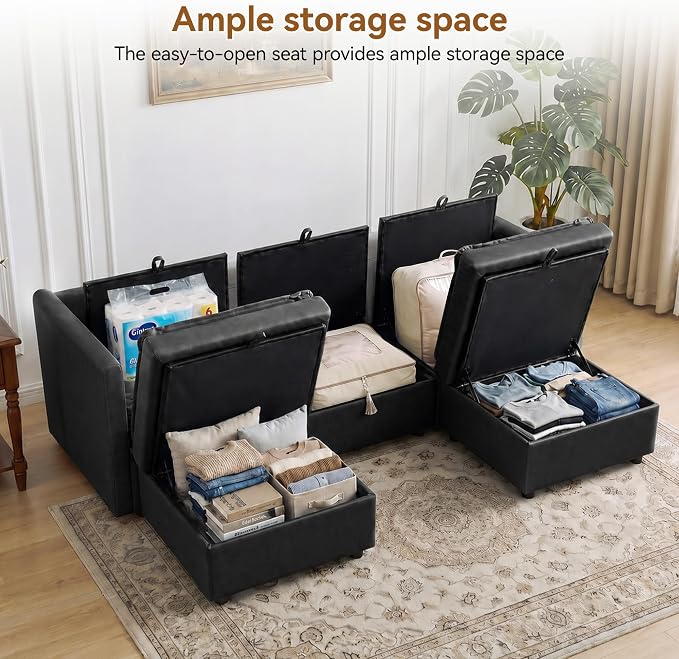 80" Black Faux Leather Storage 3 Seater Sofa with 2 Ottomans, Comfy Couch | Convertible Modular Sectional Sofa, U Shaped Oversized Couch, Upholstered Large Cloud Couch For Living Room, Apartment.