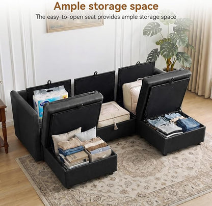 80" Black Faux Leather Storage 3 Seater Sofa with 2 Ottomans, Comfy Couch | Convertible Modular Sectional Sofa, U Shaped Oversized Couch, Upholstered Large Cloud Couch For Living Room, Apartment.