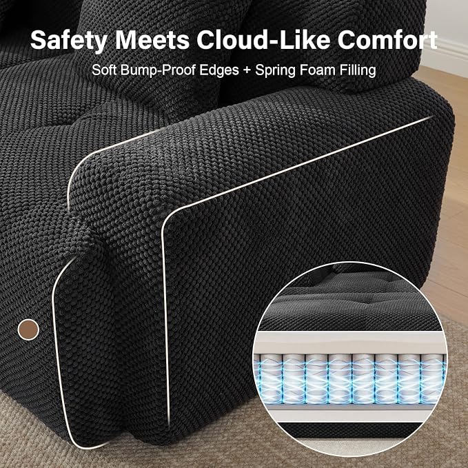 104" Cloud Couch Sectional with Ottoman, L-Shaped Boneless Sofa, Modern Modular Couch, Pineapple Grid Fabric with Foam & Spring Filling for Living Room, No Assembly Required (Black)