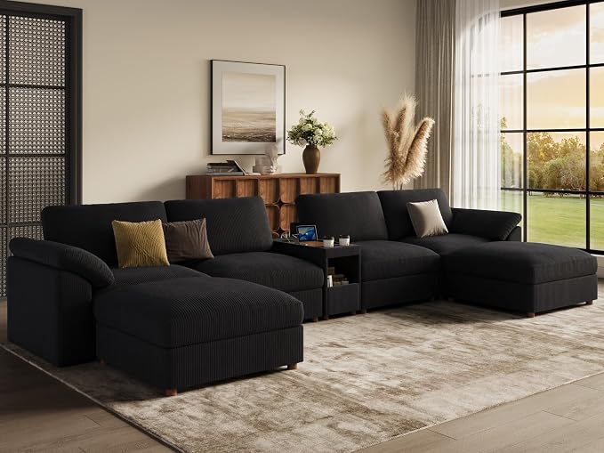 EASE MOOSE Extra Large Sectional Modular Sofa,U Shape Modular Deep Seat Corduroy Sectional Couch Console,Removable Washable,Black