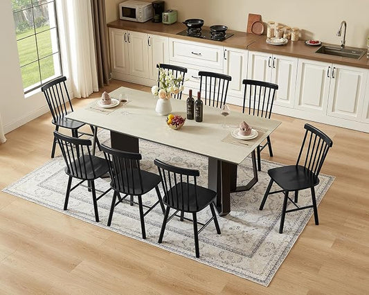 PrimeZone Windsor Dining Chairs Set of 8 - Solid Rubber Wood Farmhouse Kitchen Chair with Spindle Back, Mid-Century Modern Side Dining Chair for Dining Room, Kitchen & Restaurant, Black