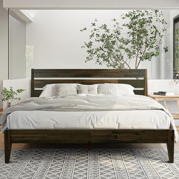 Acacia Emery Bed Frame with Headboard Solid Wood Platform Bed, King Size Bed Frame, Mid - Century Modern Wood Bed Compatible with All Mattresses, Easy Assembly, Non-Slip (Mocha, King)