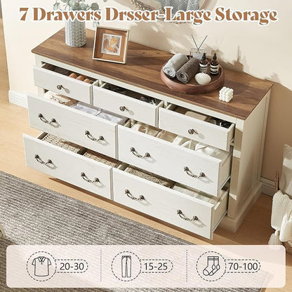 AMERLIFE Farmhouse 3 Pieces Bedroom Sets, Include 54" Wide 7 Drawers Dresser, Nightstand Set of 2 with Charging Station, Rustic Retro Bedroom Furniture Set, White