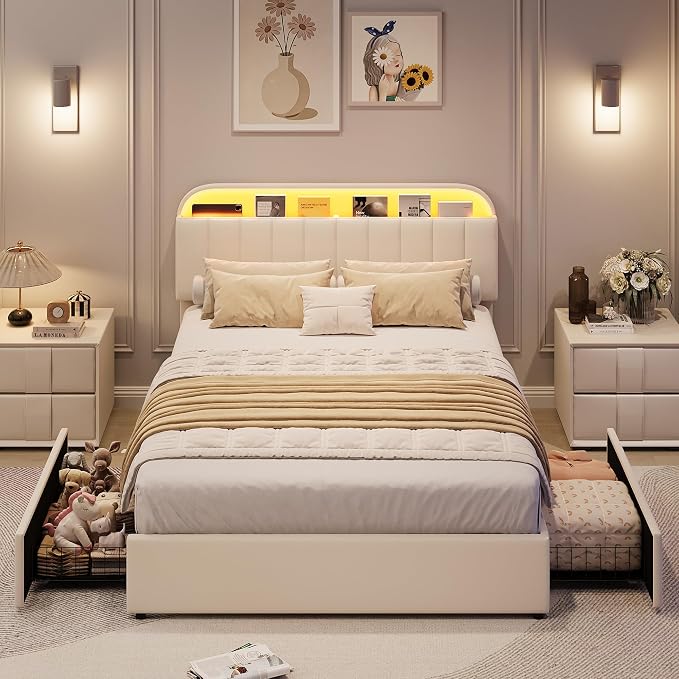GarveeHome Full Bed Frame with Storage Headboard, Kids Bed Frame with 2 Drawers, Velvet Upholstered Platform Bed Frame with Lights, No Box Spring Needed, Easy Assembly, Velvet White
